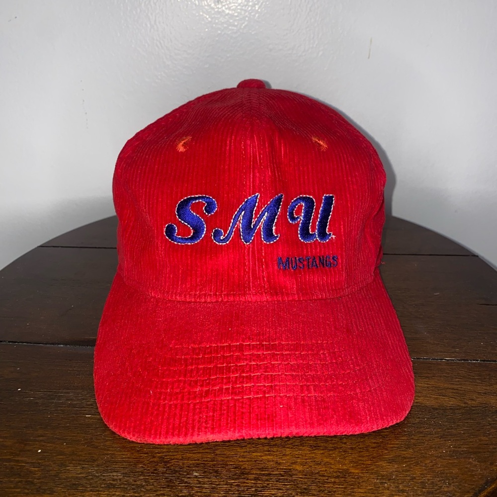 Vintage SMU Hat University Mustangs Corduroy Baseball Red Snapback